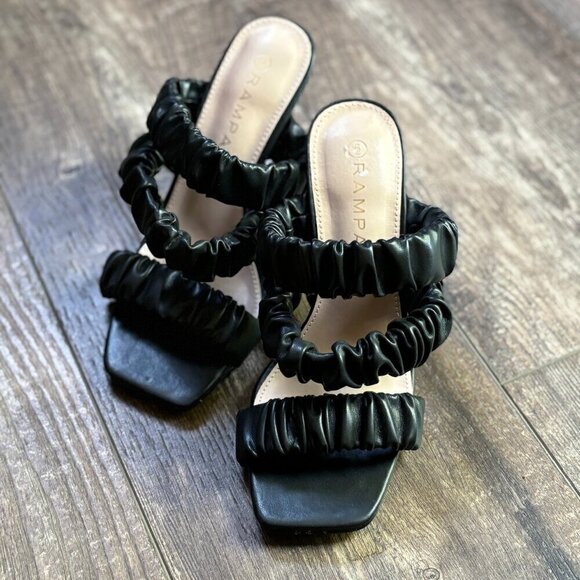 NEW Rampage Square Toe Ruched Heeled Sandals Black with Clear Heels Women's 6 - Picture 1 of 16